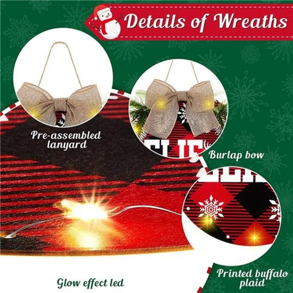 3 Pcs Christmas Buffalo Plaid Wreath Decoration LED Lights Hanging Sign Wooden - Picture 4 of 7